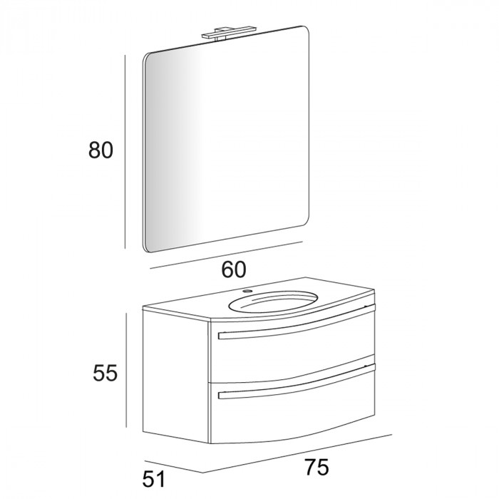 STELLA - Mobile bagno sospeso 75 cm 2 cassetti lavabo e specchio led Grigio scuro venato