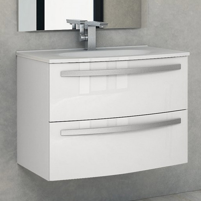 STELLA - Mobile bagno sospeso 75 cm 2 cassetti lavabo e specchio led Bianco lucido