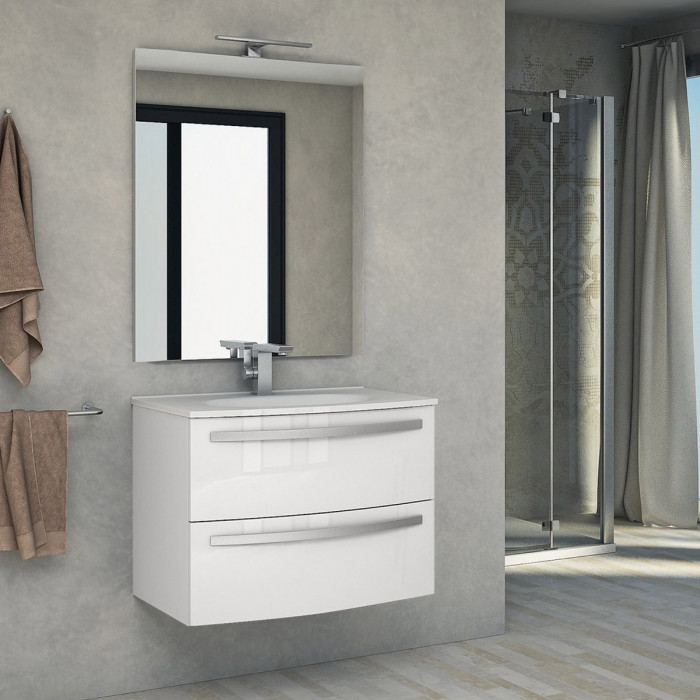 STELLA - Mobile bagno sospeso 75 cm 2 cassetti lavabo e specchio led Bianco lucido