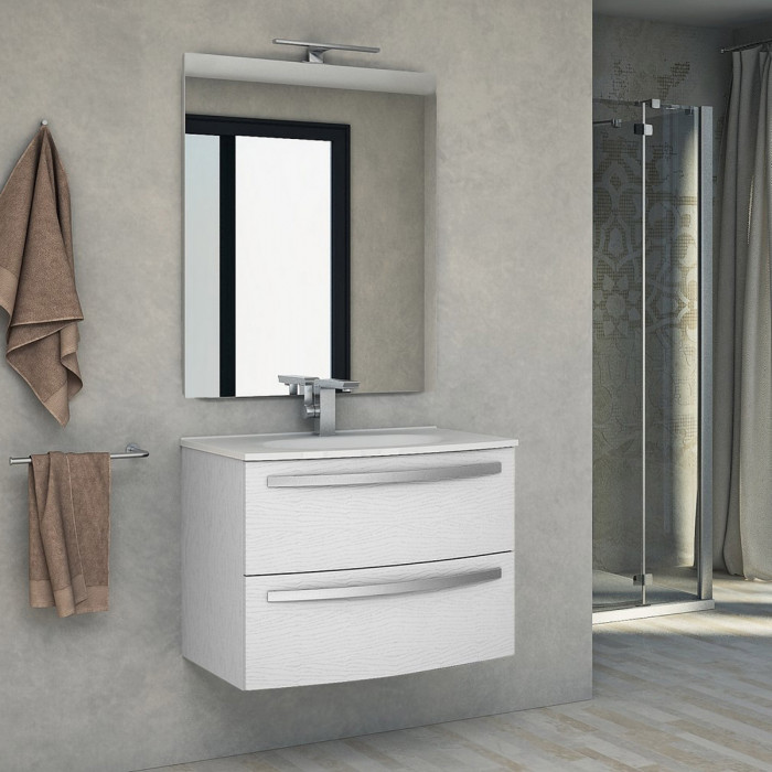 STELLA - Mobile bagno sospeso 75 cm 2 cassetti lavabo e specchio led Bianco frassinato