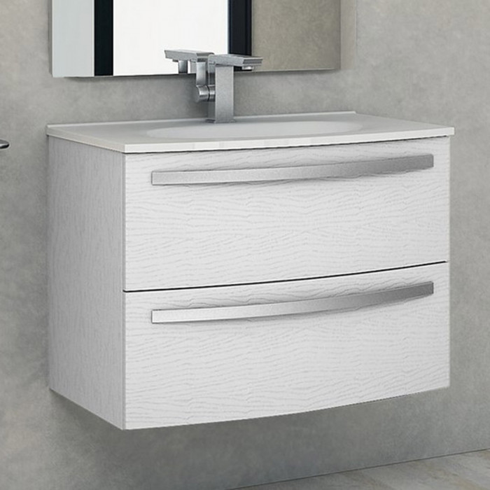 STELLA - Mobile bagno sospeso 75 cm 2 cassetti lavabo e specchio led Bianco frassinato