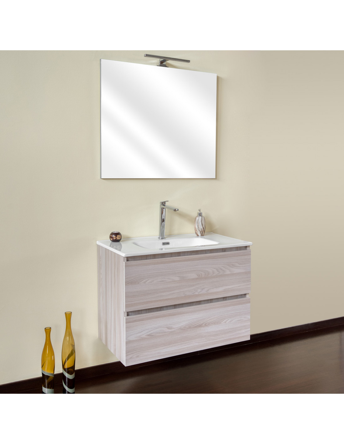 CLOÈ - Mobile bagno sospeso cm 120 2 cassetti specchio con led olmo