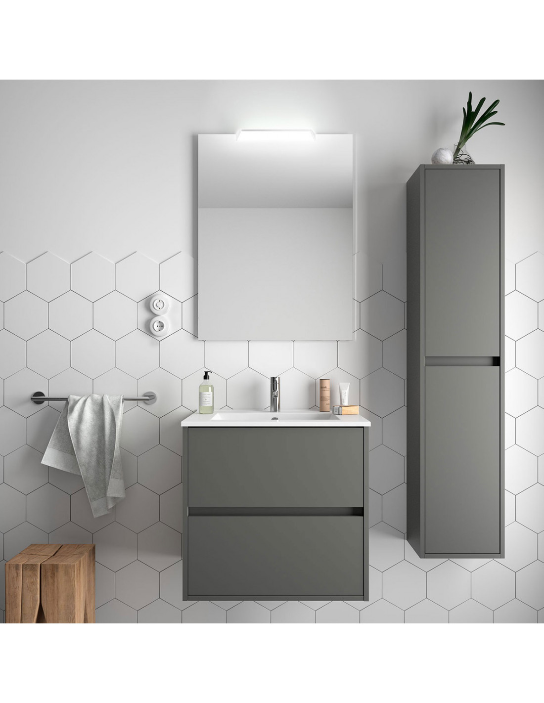 Mobile sospeso lavabo specchiera e colonna cm 70 Noja Grigio opaco