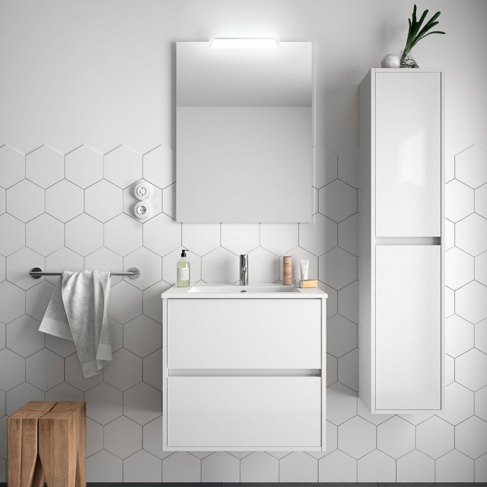 NOJA - Mobile sospeso con lavabo specchio e colonna cm 70 Bianco lucido
