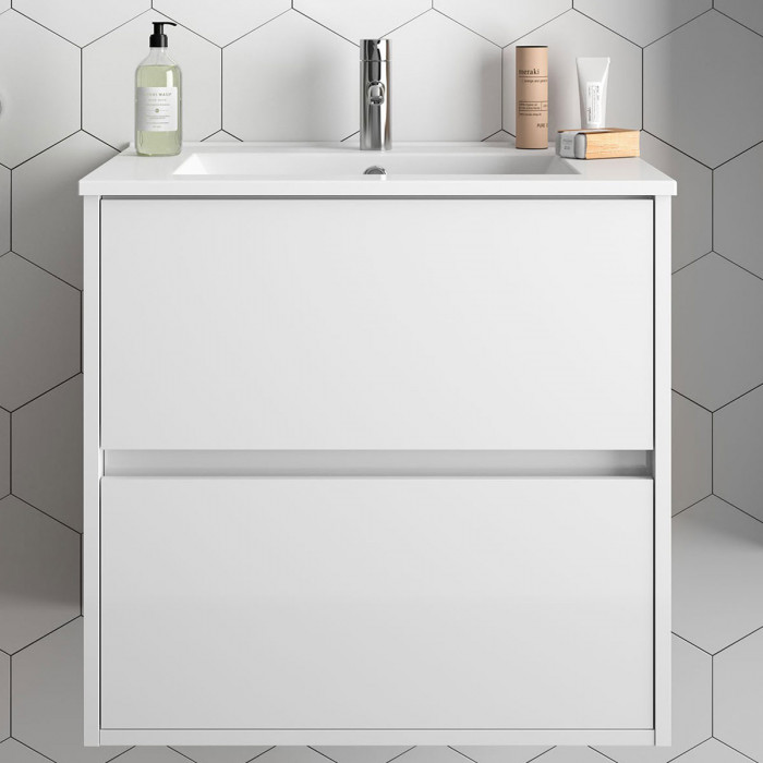 NOJA - Mobile sospeso con lavabo specchio e colonna cm 70 Bianco lucido