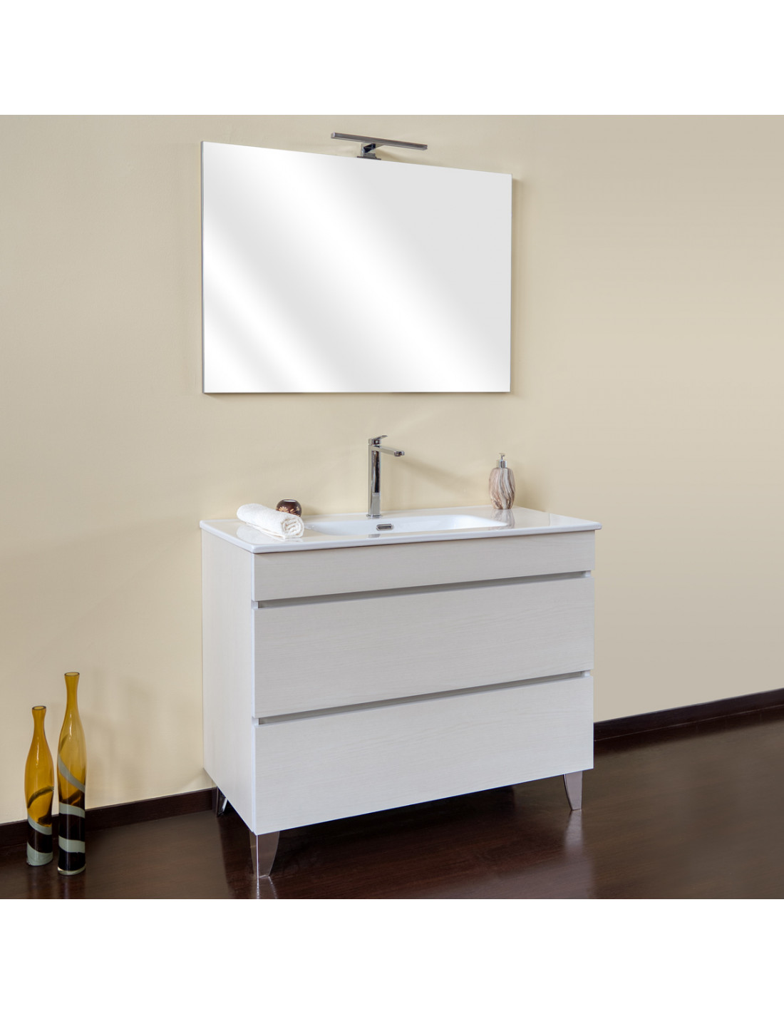 Mobile bagno cm 80 2 cassetti specchio luce led MUSA Frassino Moire