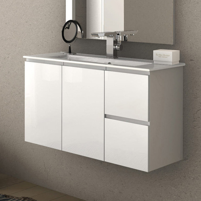 GIULIA - Mobile bagno sospeso 80 cm 2 ante 2 cassetti con lavabo e specchio led Bianco lucido
