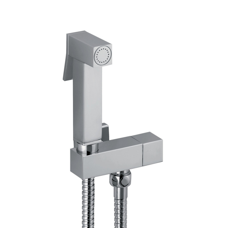 SQUARE - Idroscopino wc rubinetto acqua fredda quadrato in ottone cromato doccia rubinetto e flessibile, Made in Italy