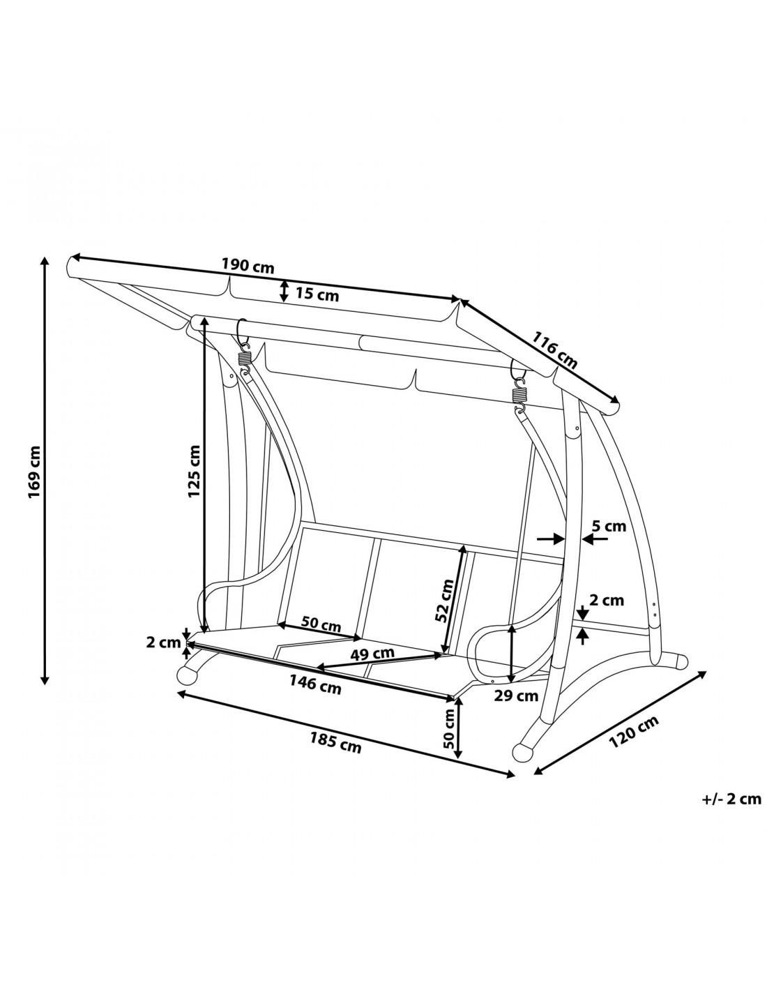 Tettuccio Di Ricambio Per Dondolo Da Giardino 190x120x15 Cm – Tessuto Oxford 600D Impermeabile E Anti-UV, Per 2-3 Posti