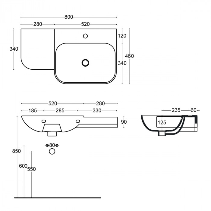 Lavabo consolle sospeso vasca dx in ceramica L80 x P46 x H13 cm Cover bianco - scheda tecnica
