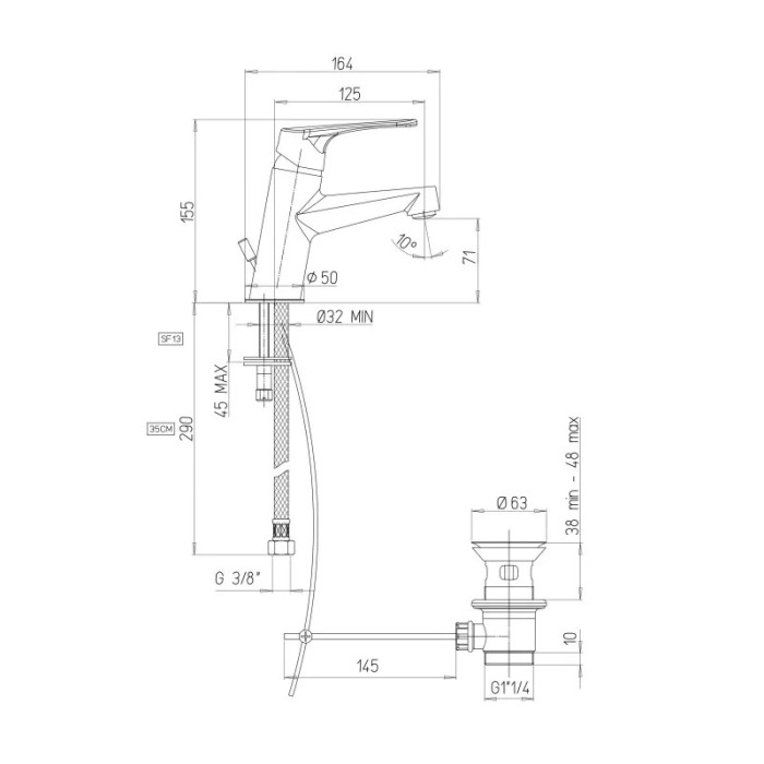 ATTILA - Miscelatore bagno lavabo in ottone cromato scheda tecnica