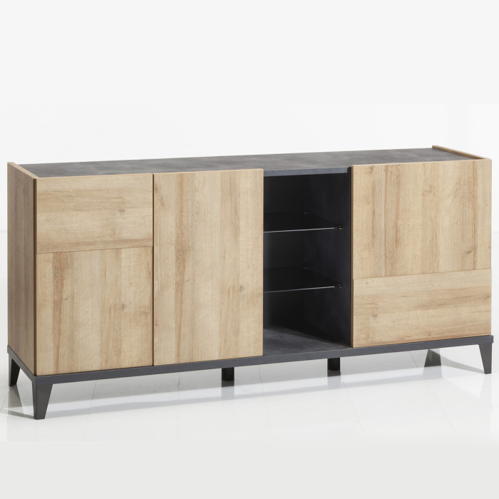 Mobile credenza 3 ante 2 mensole vetro L180 x P45 x H84 cm BLOOM Rovere/Antracite