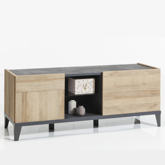 Mobile porta tv con 1 anta 1 ribalta 1 mensola vetro L140 x P45 x H55 cm. Bloom Rovere/Antracite