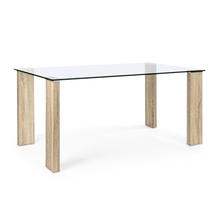 Tavolo da pranzo scrivania in vetro 12 mm gambe mdf legno nature 160x90H75 cm ARLEY