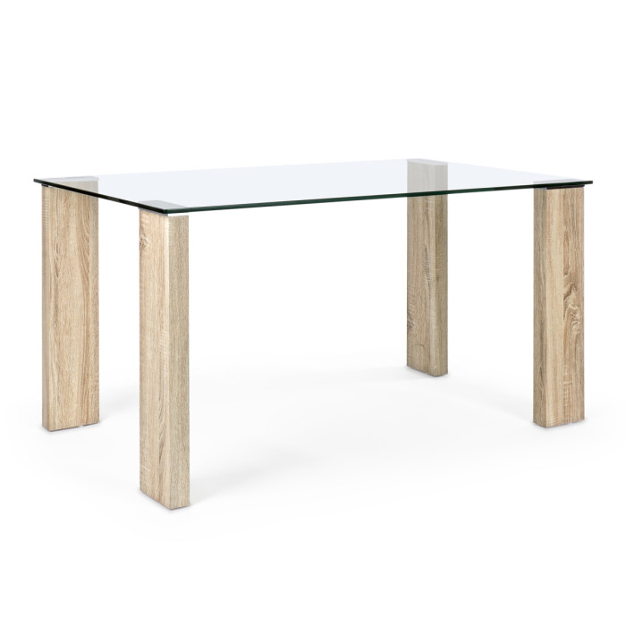 Tavolo da pranzo scrivania in vetro 12 mm gambe mdf legno nature 140x80H75 cm ARLEY