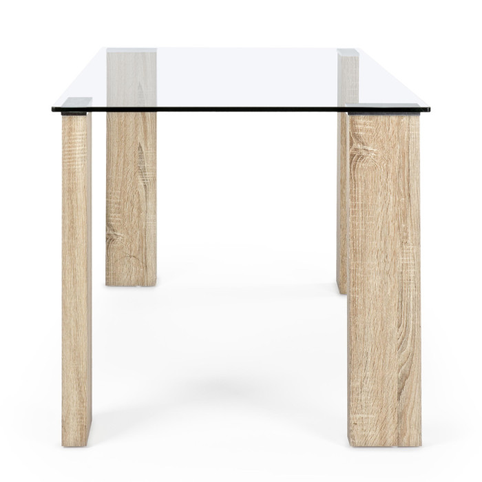 Tavolo da pranzo scrivania in vetro 12 mm gambe mdf legno nature 140x80H75 cm ARLEY