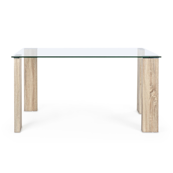 Tavolo da pranzo scrivania in vetro 12 mm gambe mdf legno nature 140x80H75 cm ARLEY