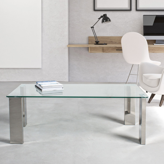 Tavolino rettangolare vetro 12 mm struttura in mdf acciaio cromo cm L120xP60xH45 ARLEY