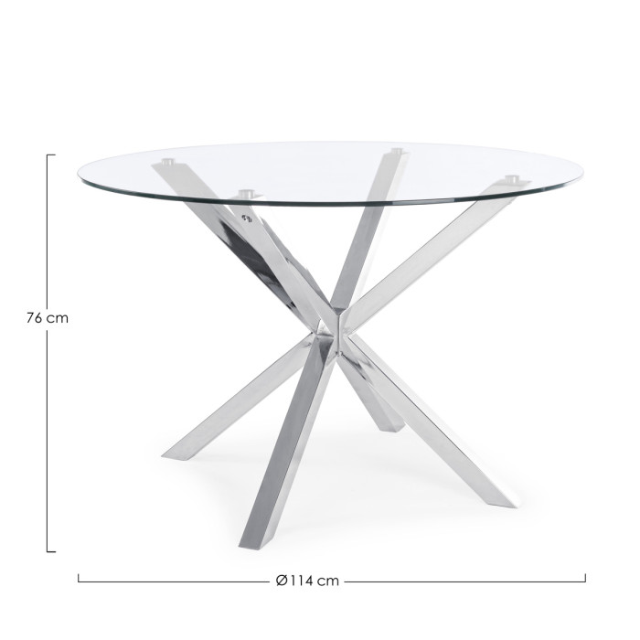 tavolo tondo May Ø L114xH76 cm piano in vetro struttura acciaio cromo