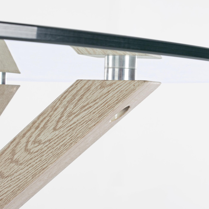 tavolo tondo May Ø L114xH76 cm piano in vetro struttura acciaio effetto legno naturale