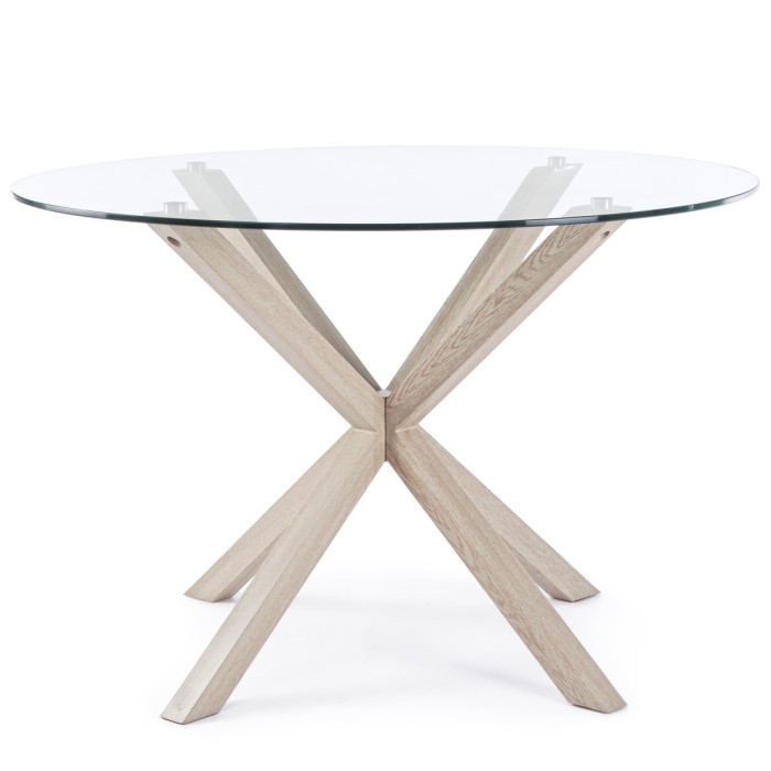 tavolo tondo May Ø L114xH76 cm piano in vetro struttura acciaio effetto legno naturale