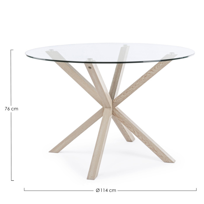 tavolo tondo May Ø L114xH76 cm piano in vetro struttura acciaio effetto legno naturale