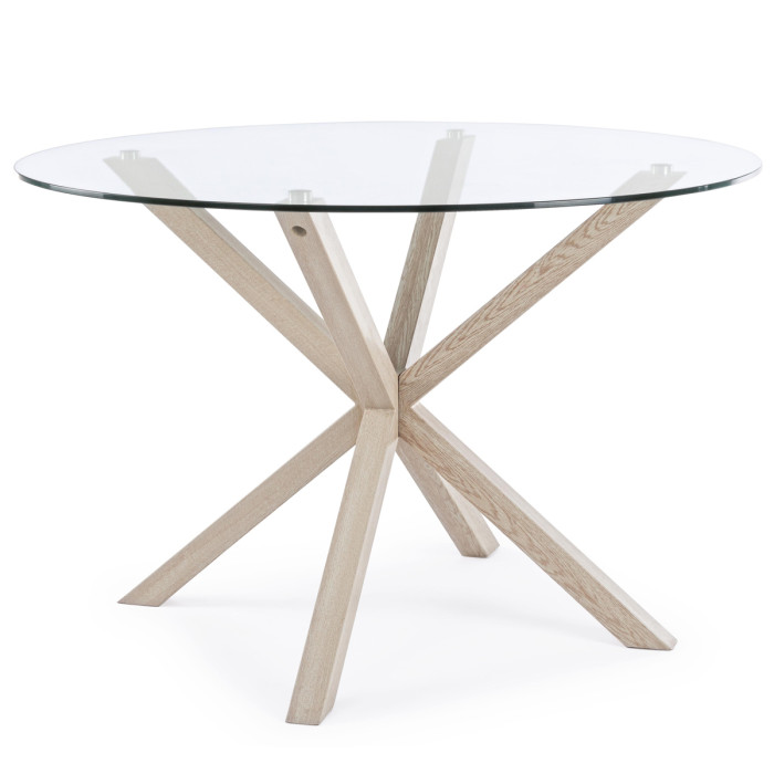tavolo tondo May Ø L114xH76 cm piano in vetro struttura acciaio effetto legno naturale