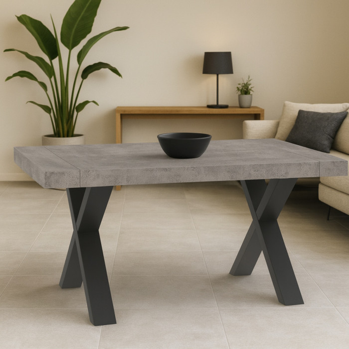 Tavolo soggiorno rettangolare allungabile oliver grigio cemento gambe a X antracite