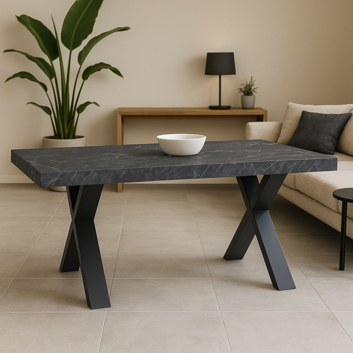 Tavolo soggiorno rettangolare allungabile oliver marmo nero gambe a X antracite