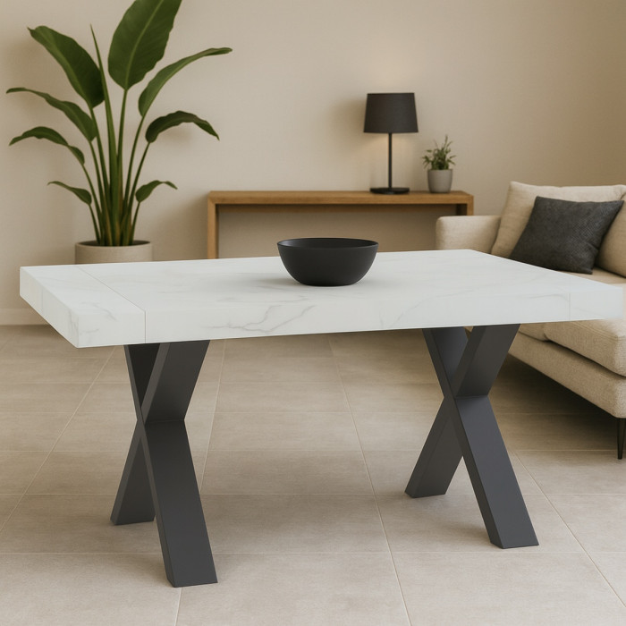 Tavolo soggiorno rettangolare allungabile oliver marmo bianco gambe a X antracite