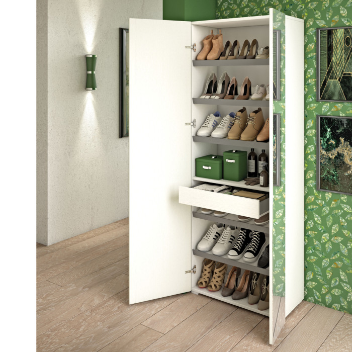 Armadio scarpiera 2 ante texture 3d 4 ripiani L72xP37xH195 cm COMPOS Bianco/Cemento con specchio