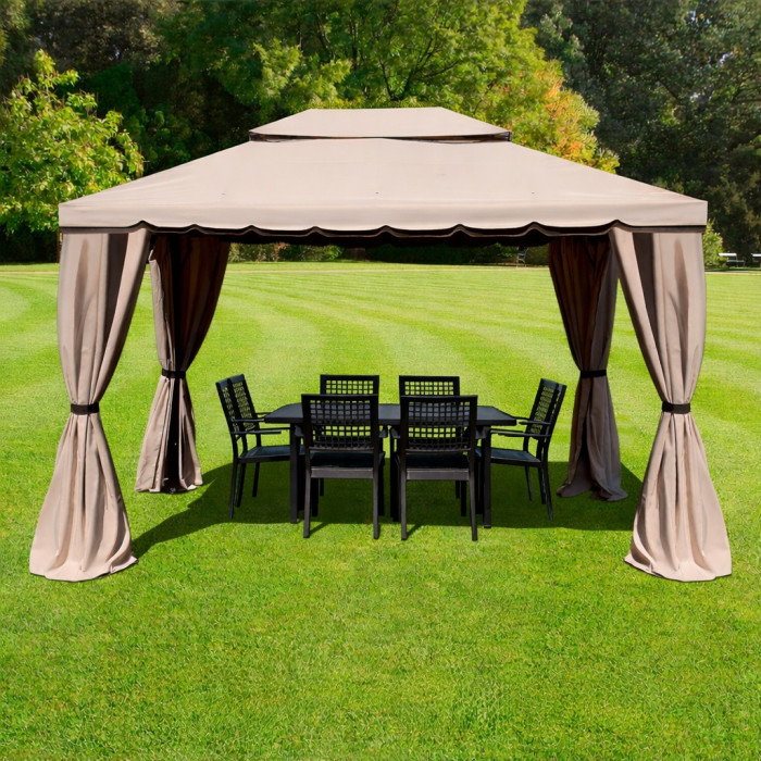 gazebo in alluminio-fortaleza-3x4-con-zanzariere-camino-antivento-beige-watwerproof