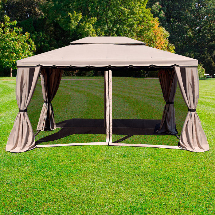 gazebo in alluminio-fortaleza-3x4-con-zanzariere-camino-antivento-beige-watwerproof