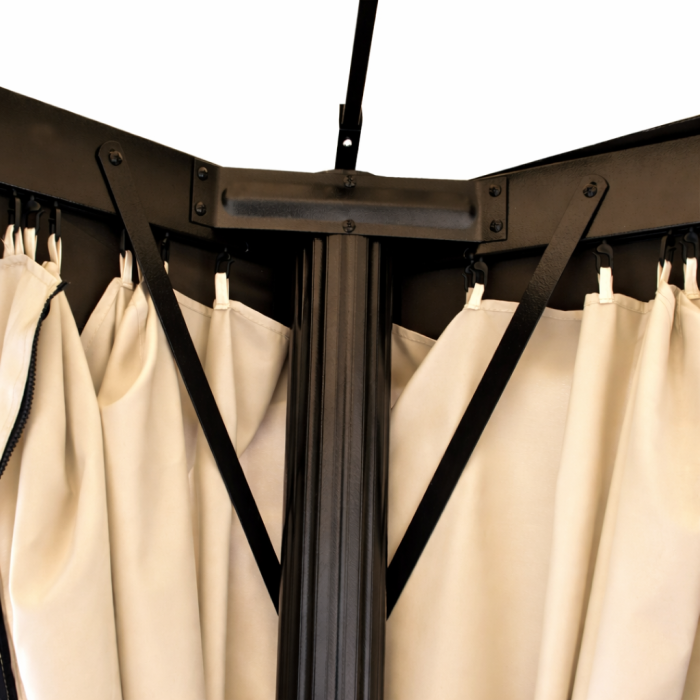 gazebo in alluminio-fortaleza-3x3-con-zanzariere-camino-antivento-beige