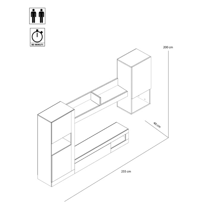 GALATEA - Parete attrezzata arredamento soggiorno porta tv L255 x P40 x H200 bicolore Rovere Gray Bianco