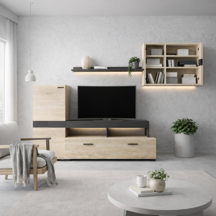 Mobile parete soggiorno porta tv L260 x P40 x H180 SELENE Rovere natural / Antracite