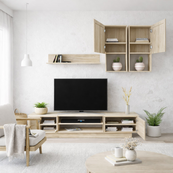 Parete soggiorno porta tv L200 x P38 x H180 FEBE Rovere gray