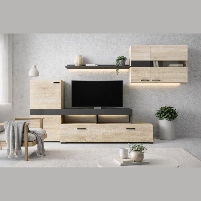 Mobile parete soggiorno porta tv L260 x P40 x H180 SELENE Rovere natural / Antracite