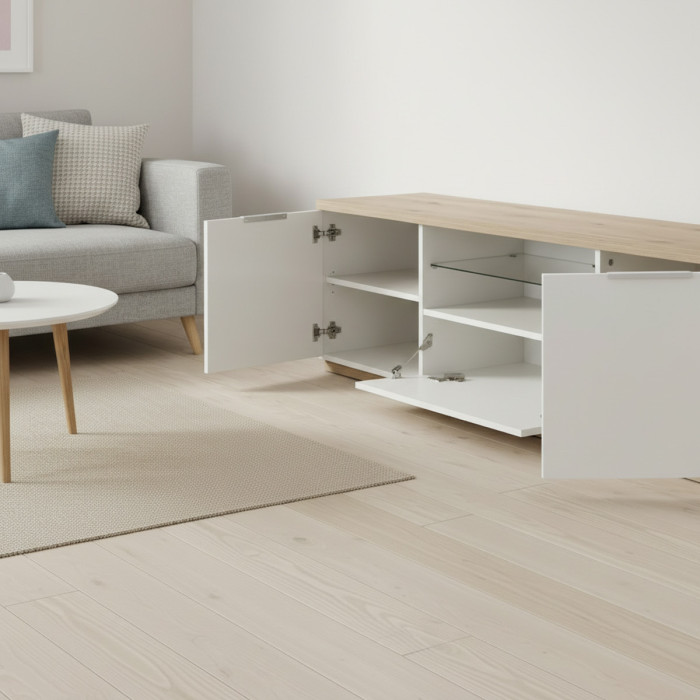 Mobile porta tv con 2 ante e 1 ribalta L160 x P41 x H51 cm CAPTUR Rovere artisan / Bianco laccato