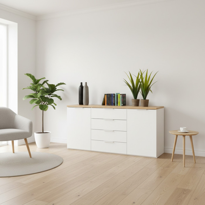 Mobile madia soggiorno 2 ante e 4 cassetti Rovere artisan e Bianco laccato