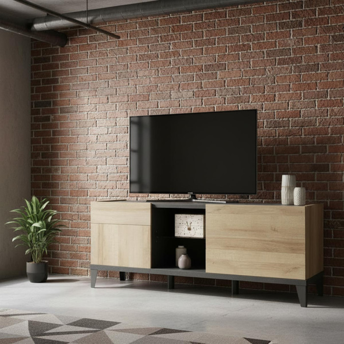Mobile Porta Tv con Ante Rovere e Struttura Antracite Vani Contenitore L140 x P45 x H55 cm. Design Industrial