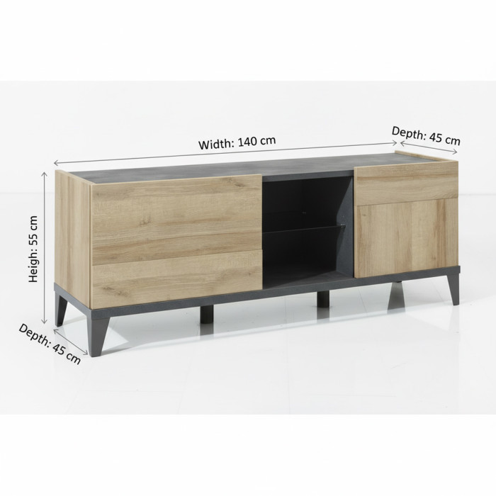 Mobile Porta Tv con Ante Rovere e Struttura Antracite Vani Contenitore L140 x P45 x H55 cm. Design Industrial