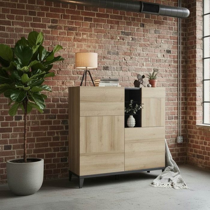 Mobile credenza 3 ante 2 mensole vetro L120 x P45 x H120 cm BLOOM Rovere/Antracite