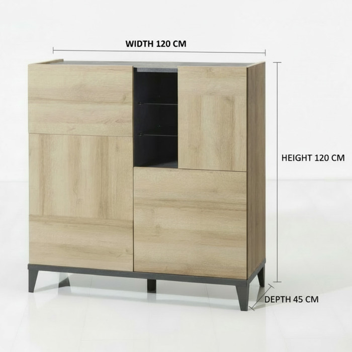Mobile credenza 3 ante 2 mensole vetro L120 x P45 x H120 cm BLOOM Rovere/Antracite