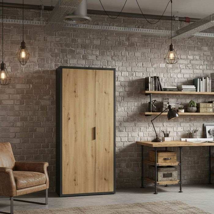 Armadio colonna multiuso Podor 2 ante L85xP35xH192 cm Rovere Artisan - Antracite