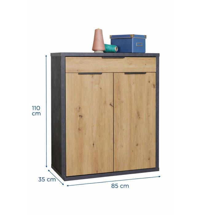 Mobile madia multiuso Podor 2 ante 1 cassetto L85 x P35 x H110 cm Rovere Artisan - Antracite