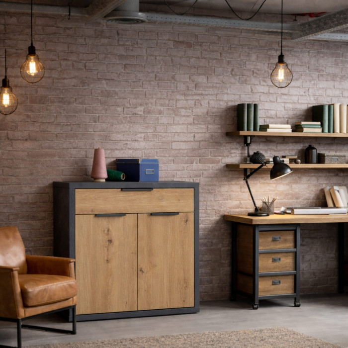 Mobile madia multiuso Podor 2 ante 1 cassetto L85 x P35 x H110 cm Rovere Artisan - Antracite