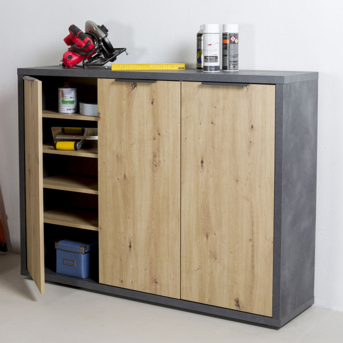 Mobile madia multiuso Podor 3 ante L124 x P35 x H97 cm Rovere Artisan - Antracite