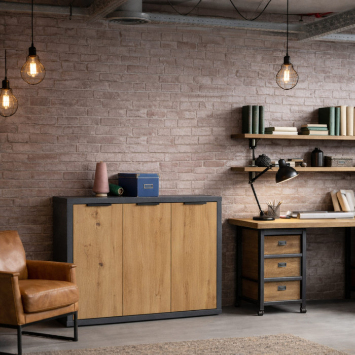 Mobile madia multiuso Podor 3 ante L124 x P35 x H97 cm Rovere Artisan - Antracite