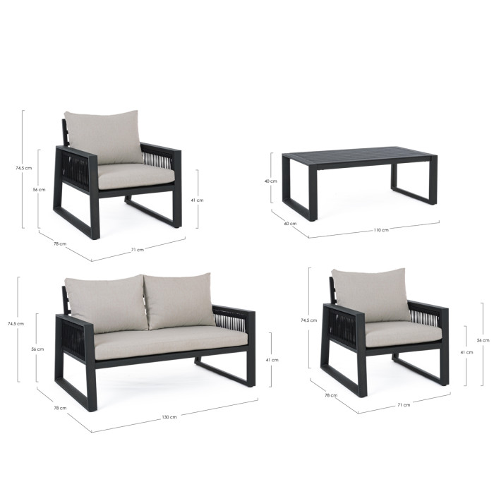 Set salotto giardino 4 posti con tavolino in alluminio Antracite e cuscini imbottiti
